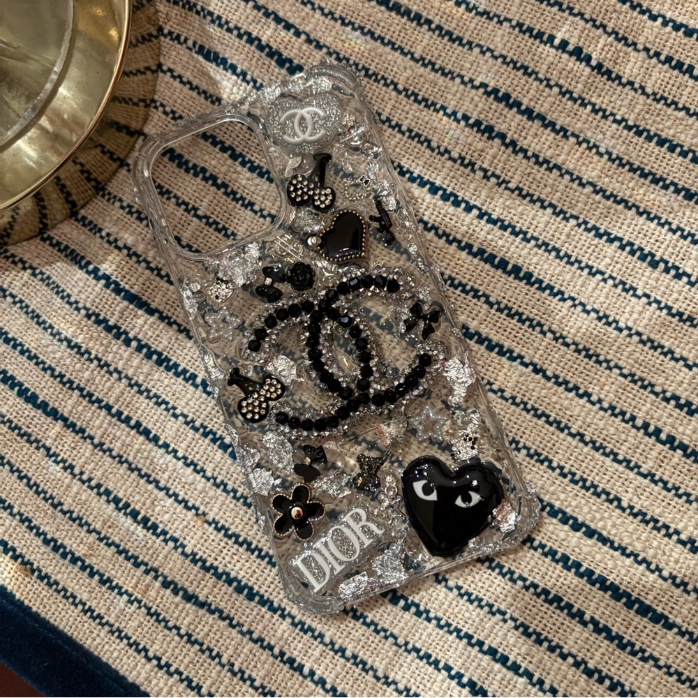 Dior Black and Silver Embellished Phone Case